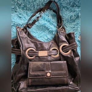 Nine West Black Leather Tote N Wallet with Silver Accents